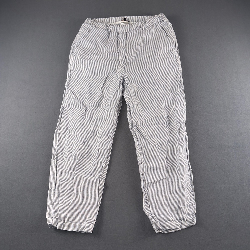 Quince Womens 100% Linen Striped Elastic Waist Pants Blue White Small JDA01